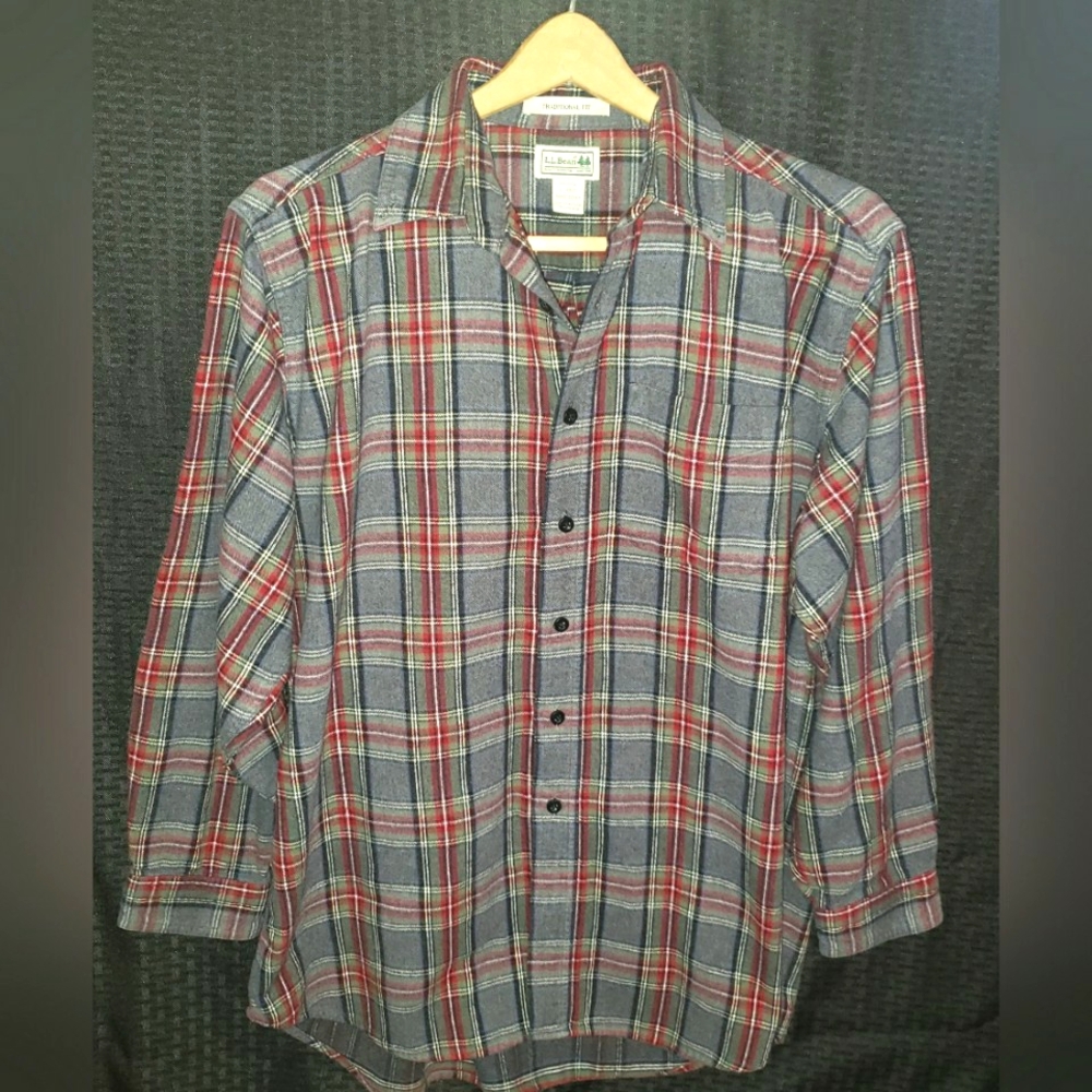 L.L. Bean Men's Multicolor Flannel Front Pocket Shirt Red/DarkGray/Green Sz:L-RG